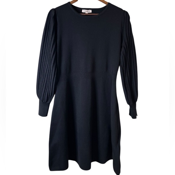 Nanette Lepore Black Knit Fit & Flare Dress | Pleated Sleeves | Size L - Picture 2 of 9